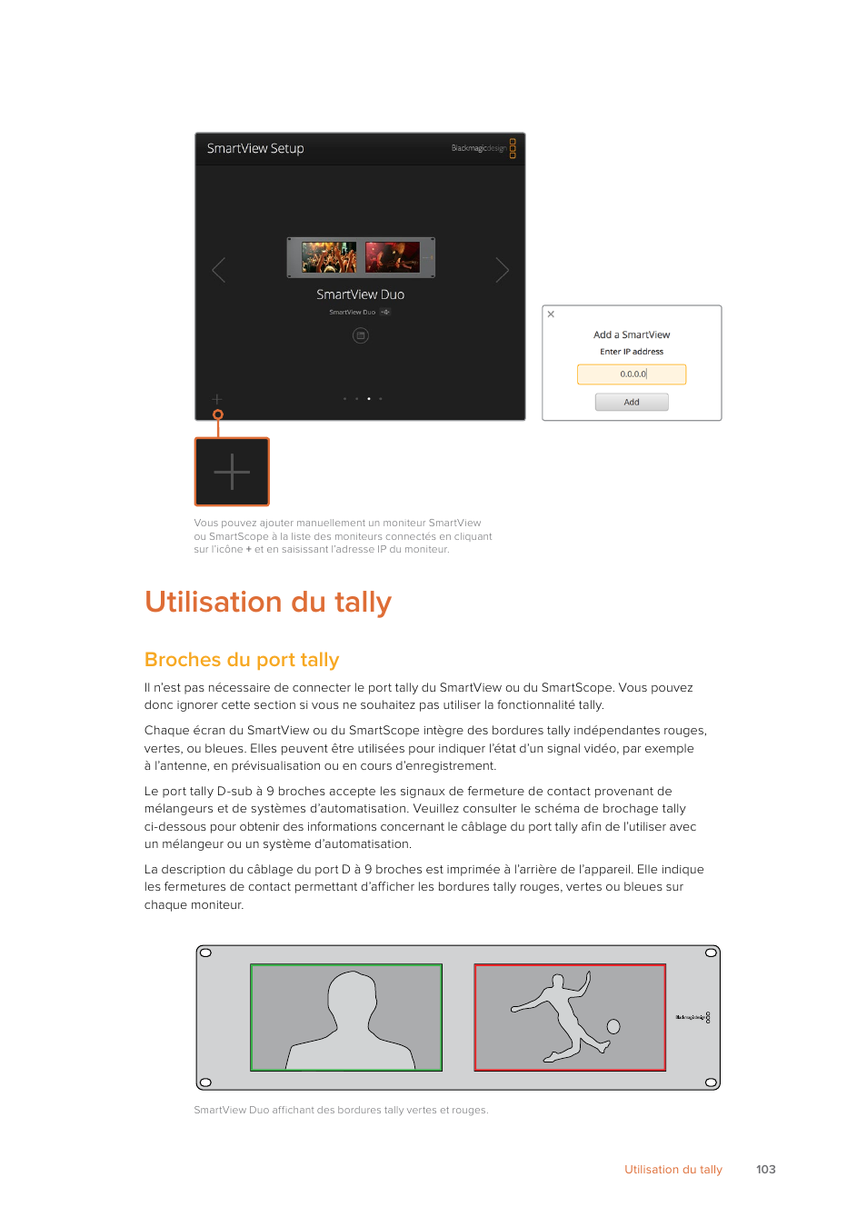 Utilisation du tally, Broches du port tally | Blackmagic Design SmartView 4K 2 15.6" DCI 4K Broadcast Monitor (6 RU) User Manual | Page 103 / 419