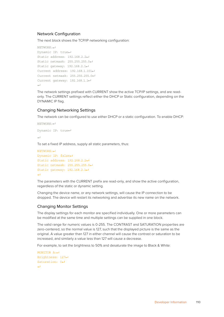 Network configuration, Changing networking settings, Changing monitor settings | Blackmagic Design SmartView 4K 2 15.6" DCI 4K Broadcast Monitor (6 RU) User Manual | Page 110 / 419