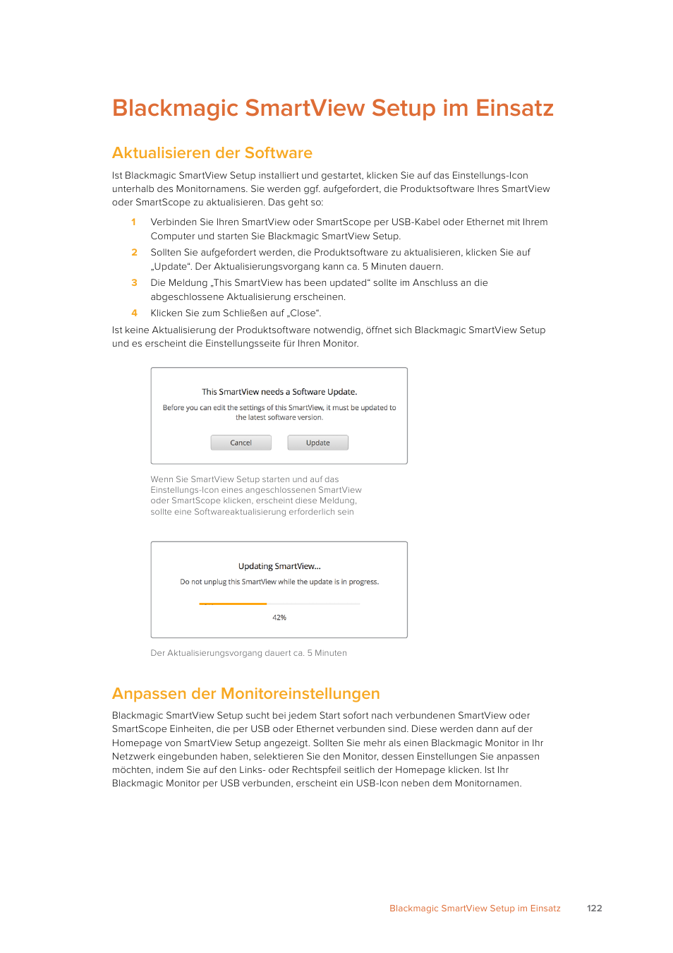 Blackmagic smartview setup im einsatz, Aktualisieren der software, Anpassen der monitoreinstellungen | Blackmagic Design SmartView 4K 2 15.6" DCI 4K Broadcast Monitor (6 RU) User Manual | Page 122 / 419