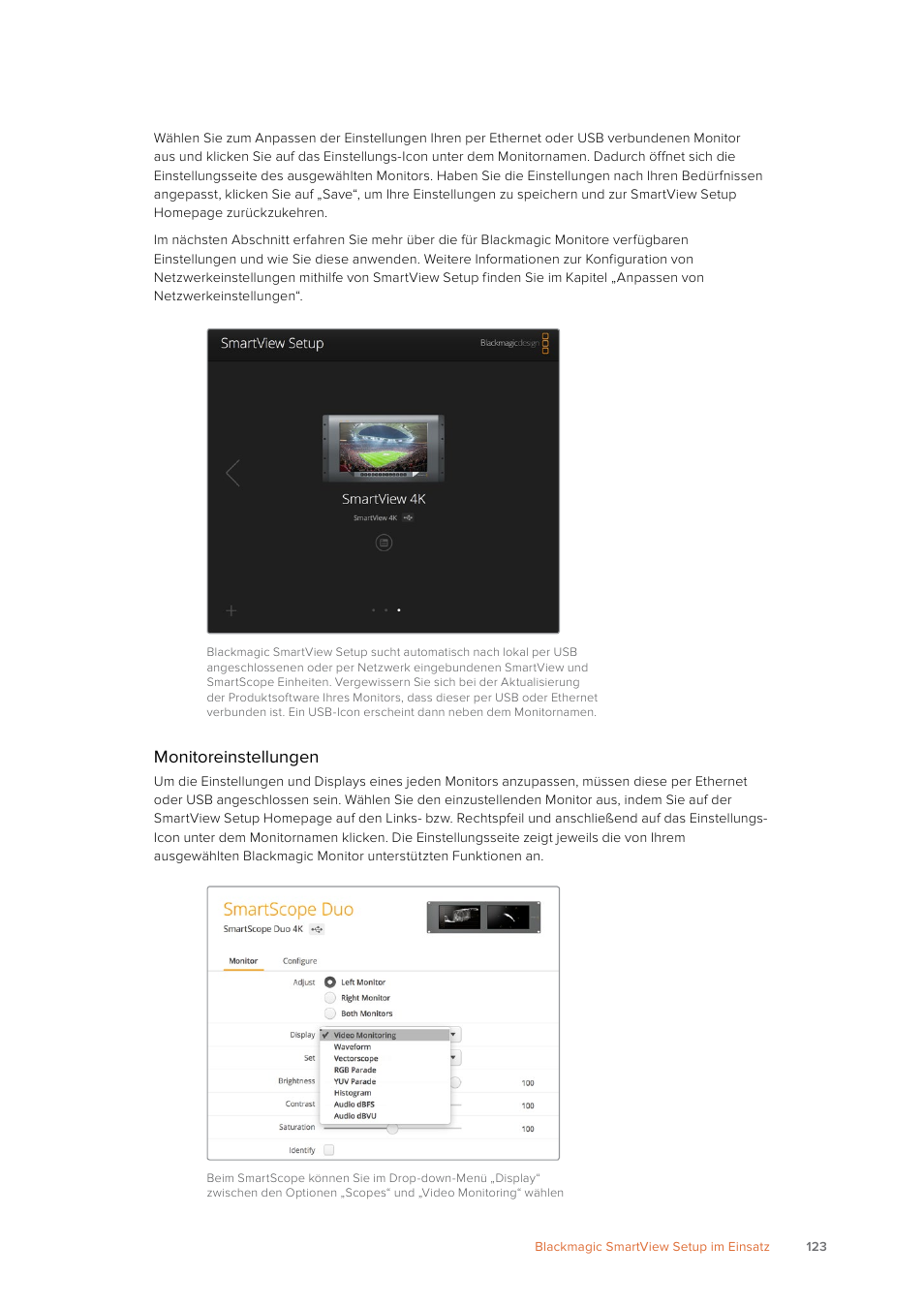 Monitoreinstellungen | Blackmagic Design SmartView 4K 2 15.6" DCI 4K Broadcast Monitor (6 RU) User Manual | Page 123 / 419