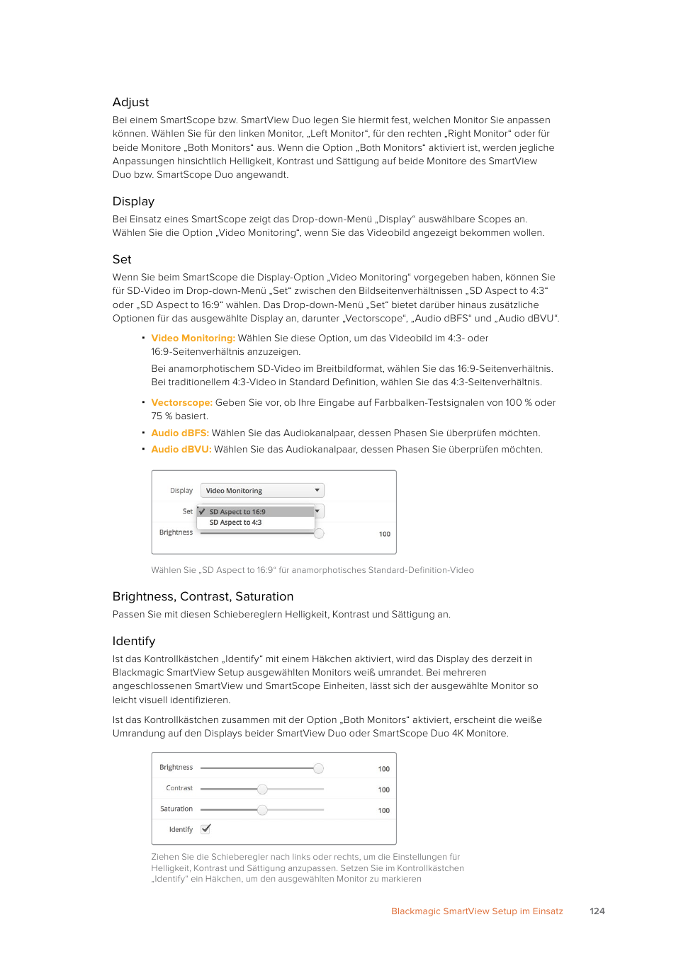 Adjust, Display, Brightness, contrast, saturation | Identify | Blackmagic Design SmartView 4K 2 15.6" DCI 4K Broadcast Monitor (6 RU) User Manual | Page 124 / 419