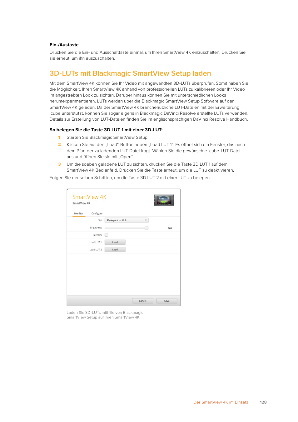 3d-luts mit blackmagic smartview setup laden | Blackmagic Design SmartView 4K 2 15.6" DCI 4K Broadcast Monitor (6 RU) User Manual | Page 128 / 419