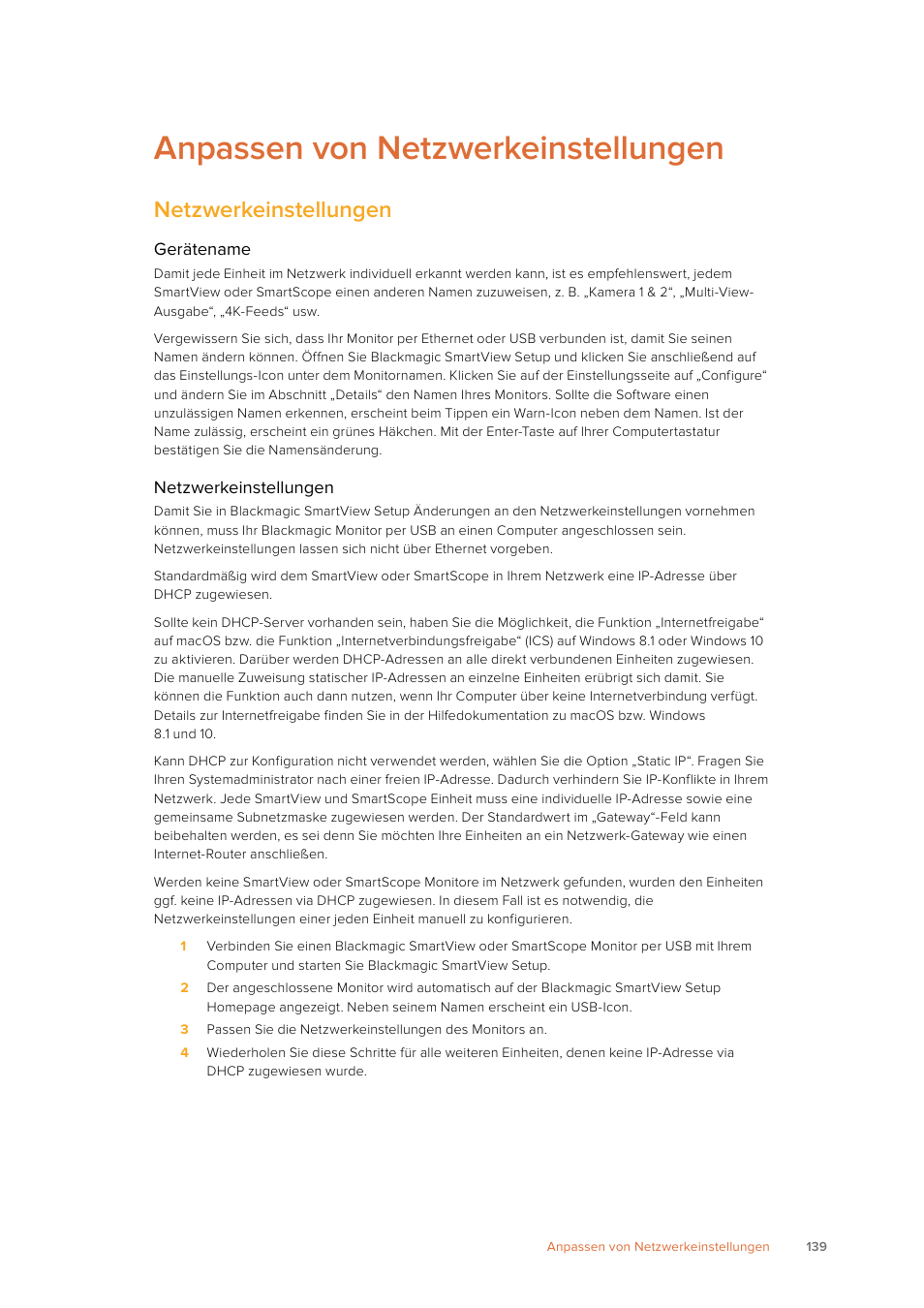 Anpassen von netzwerkeinstellungen, Netzwerkeinstellungen | Blackmagic Design SmartView 4K 2 15.6" DCI 4K Broadcast Monitor (6 RU) User Manual | Page 139 / 419