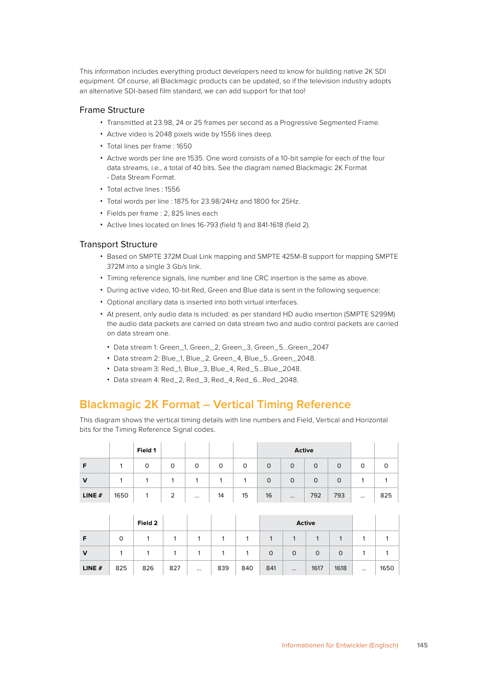 Blackmagic 2k format – vertical timing reference, Frame structure, Transport structure | Blackmagic Design SmartView 4K 2 15.6" DCI 4K Broadcast Monitor (6 RU) User Manual | Page 145 / 419