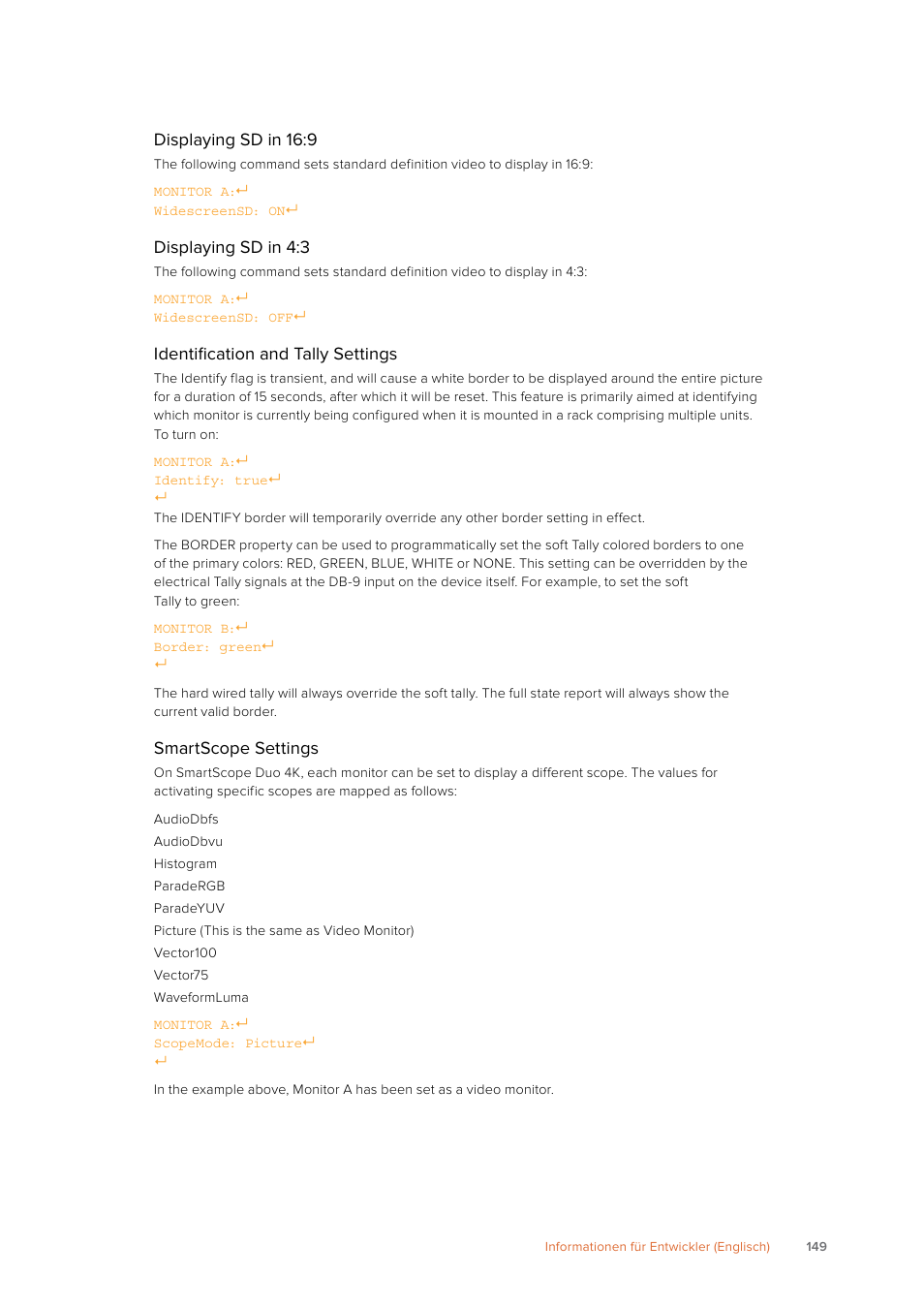 Displaying sd in 16:9, Displaying sd in 4:3, Identification and tally settings | Smartscope settings | Blackmagic Design SmartView 4K 2 15.6" DCI 4K Broadcast Monitor (6 RU) User Manual | Page 149 / 419