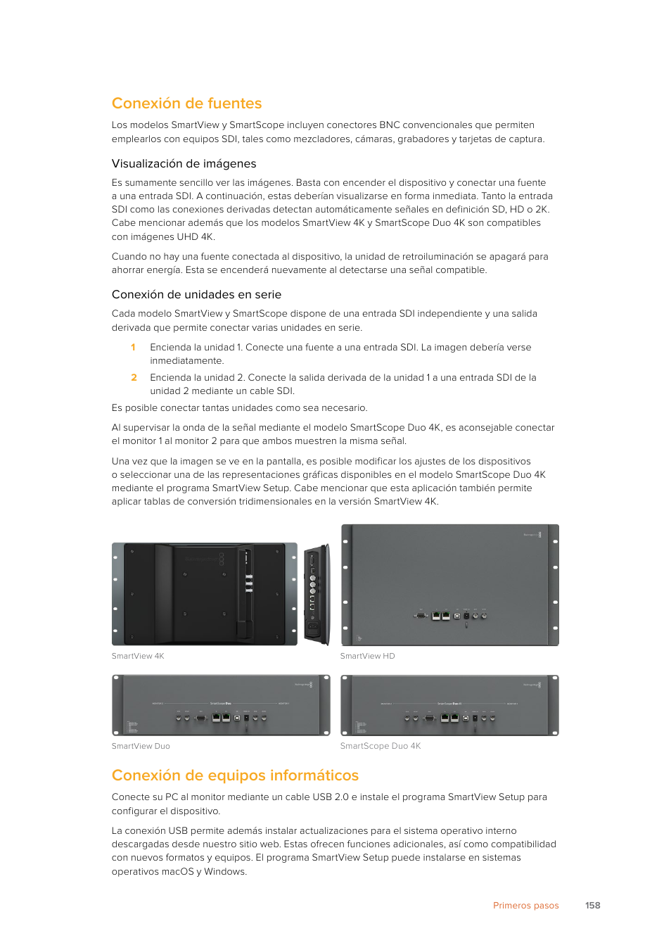 Conexión de fuentes, Conexión de equipos informáticos | Blackmagic Design SmartView 4K 2 15.6" DCI 4K Broadcast Monitor (6 RU) User Manual | Page 158 / 419