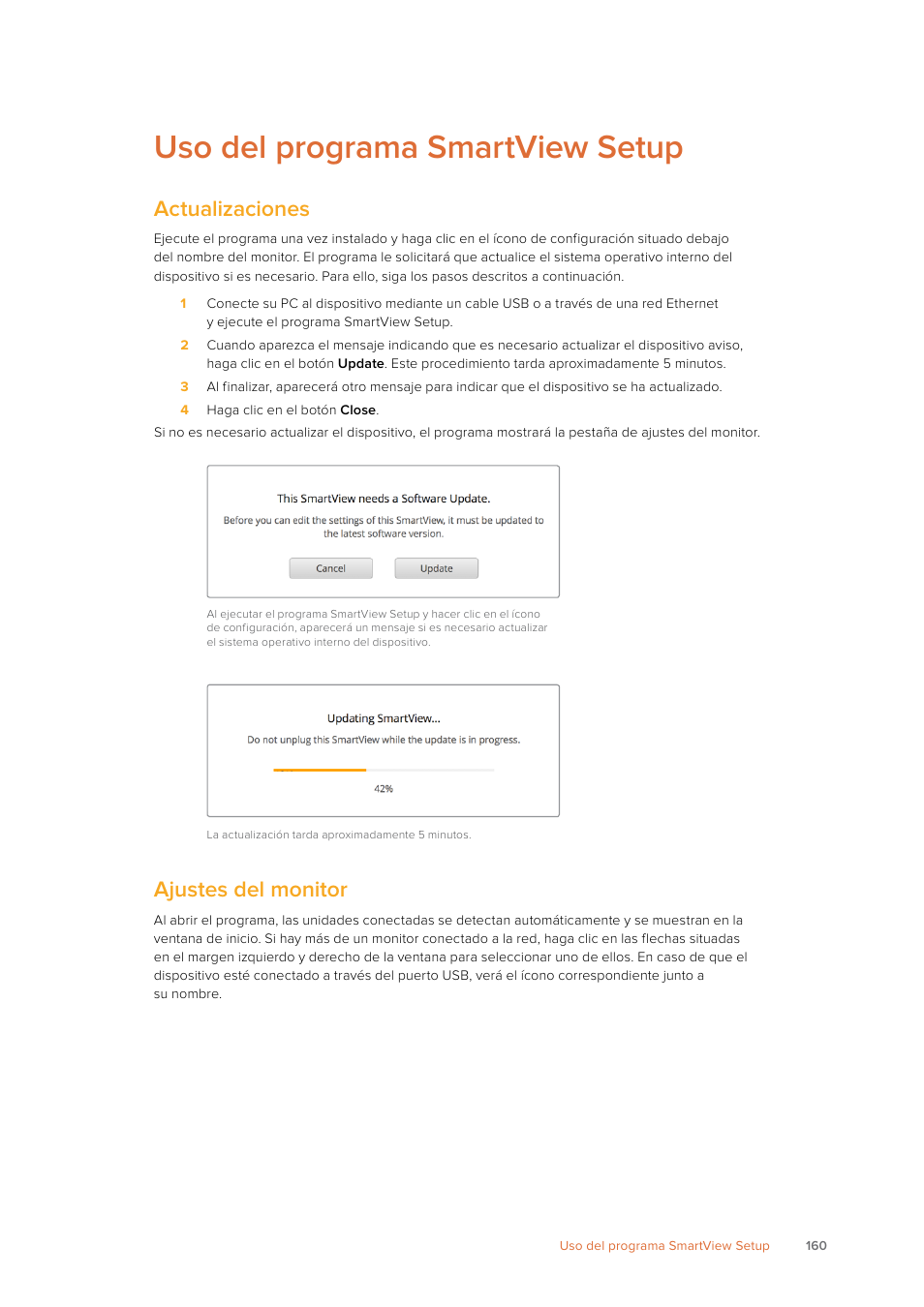 Uso del programa smartview setup, Actualizaciones, Ajustes del monitor | Blackmagic Design SmartView 4K 2 15.6" DCI 4K Broadcast Monitor (6 RU) User Manual | Page 160 / 419