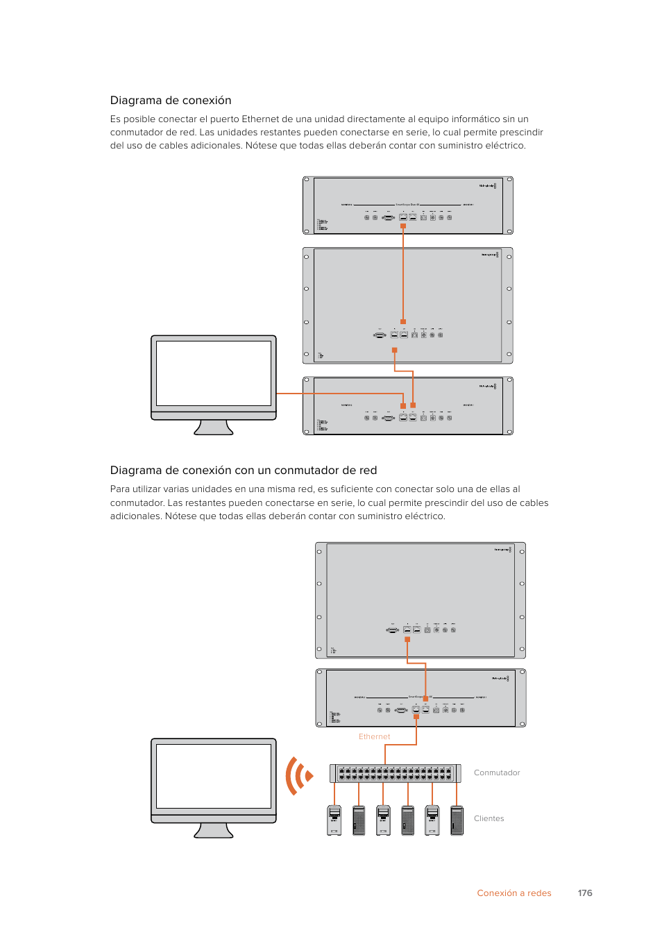 Diagrama de conexión, Diagrama de conexión con un conmutador de red, 176 conexión a redes | Blackmagic Design SmartView 4K 2 15.6" DCI 4K Broadcast Monitor (6 RU) User Manual | Page 176 / 419