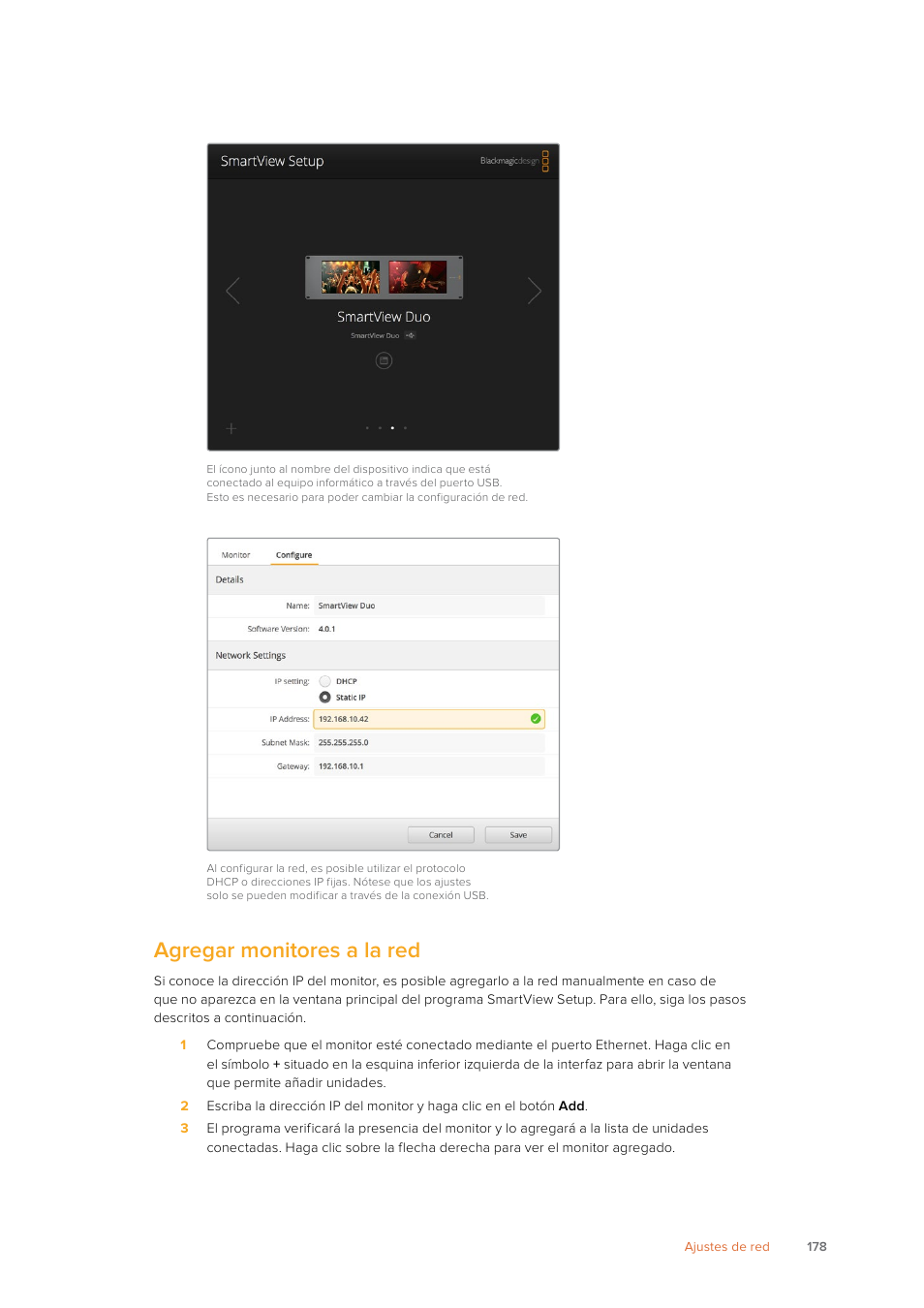 Agregar monitores a la red | Blackmagic Design SmartView 4K 2 15.6" DCI 4K Broadcast Monitor (6 RU) User Manual | Page 178 / 419