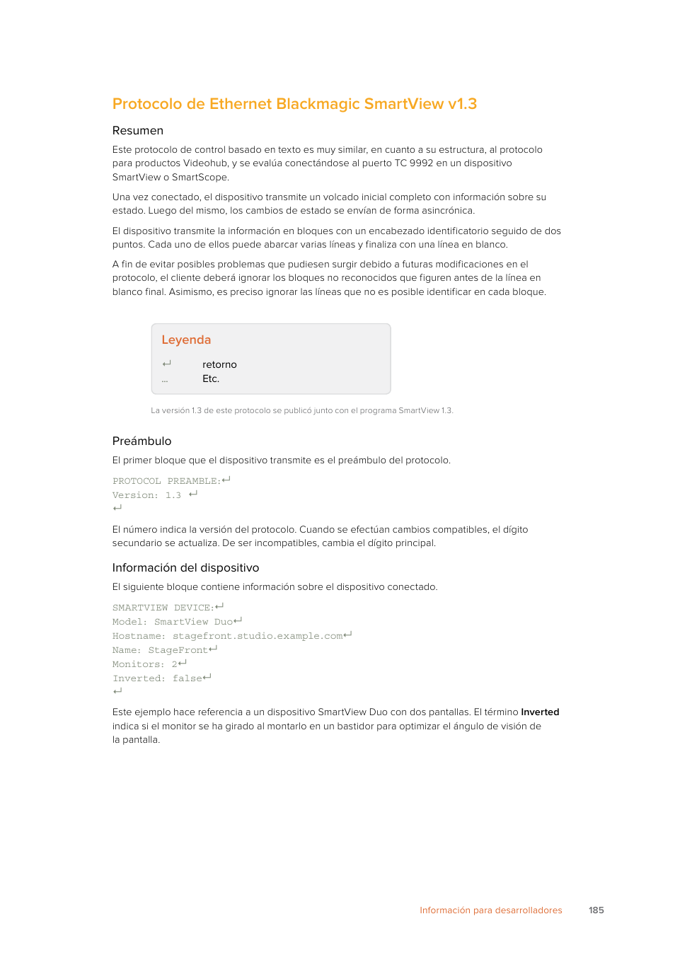 Protocolo de ethernet blackmagic smartview v1.3, Leyenda | Blackmagic Design SmartView 4K 2 15.6" DCI 4K Broadcast Monitor (6 RU) User Manual | Page 185 / 419