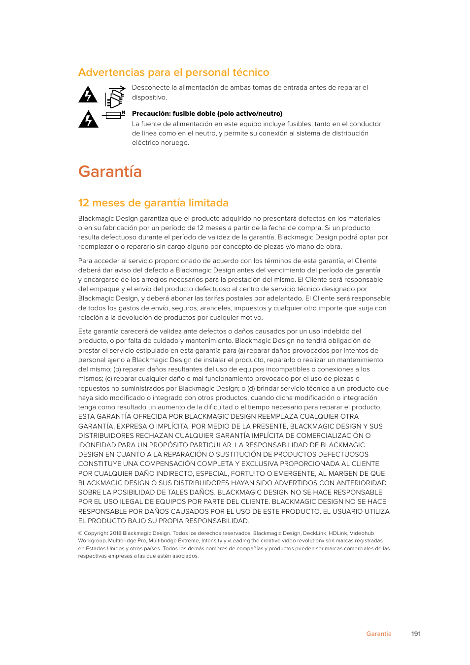 Garantía, Advertencias para el personal técnico, 12 meses de garantía limitada | Blackmagic Design SmartView 4K 2 15.6" DCI 4K Broadcast Monitor (6 RU) User Manual | Page 191 / 419