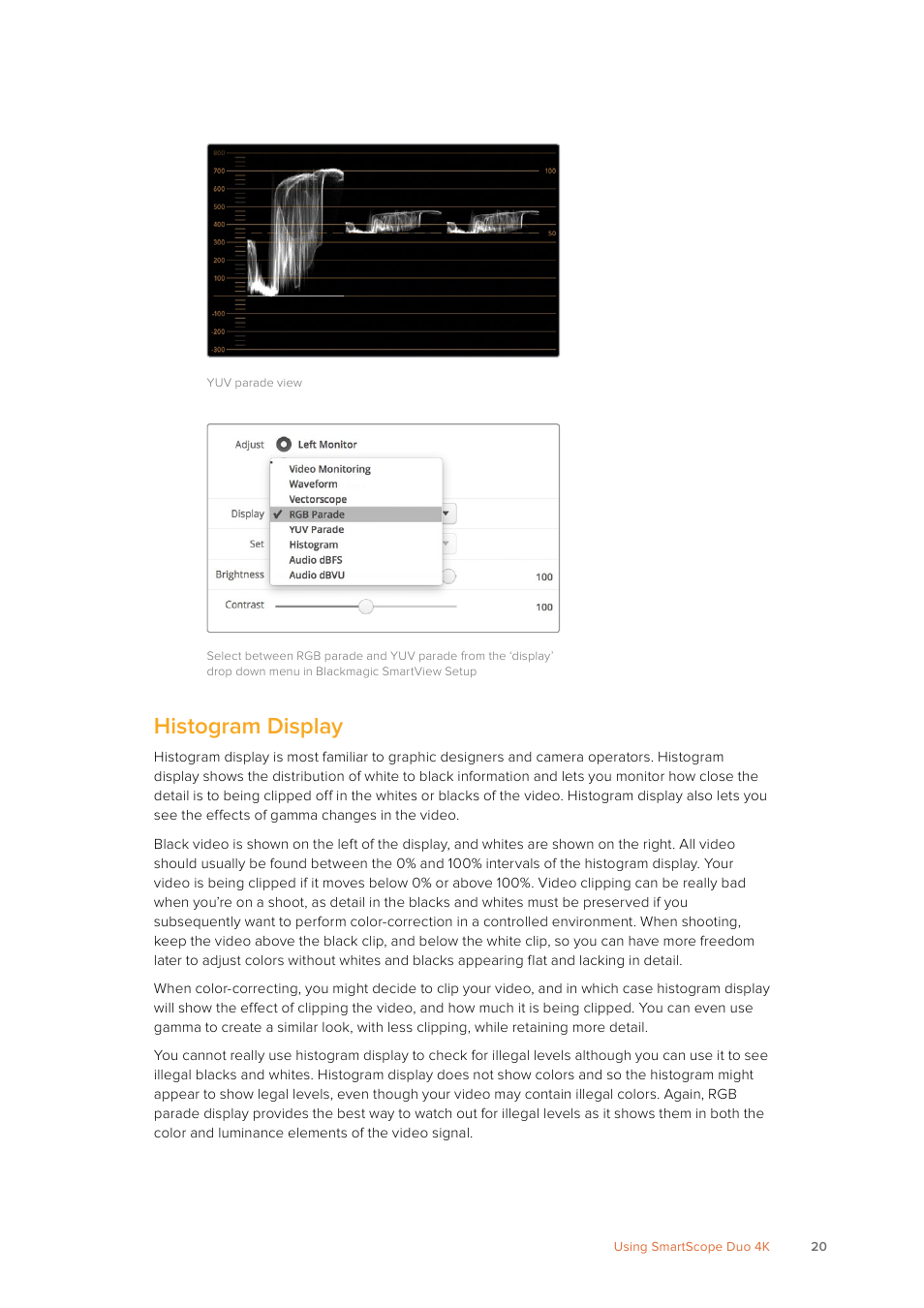 Histogram display | Blackmagic Design SmartView 4K 2 15.6" DCI 4K Broadcast Monitor (6 RU) User Manual | Page 20 / 419