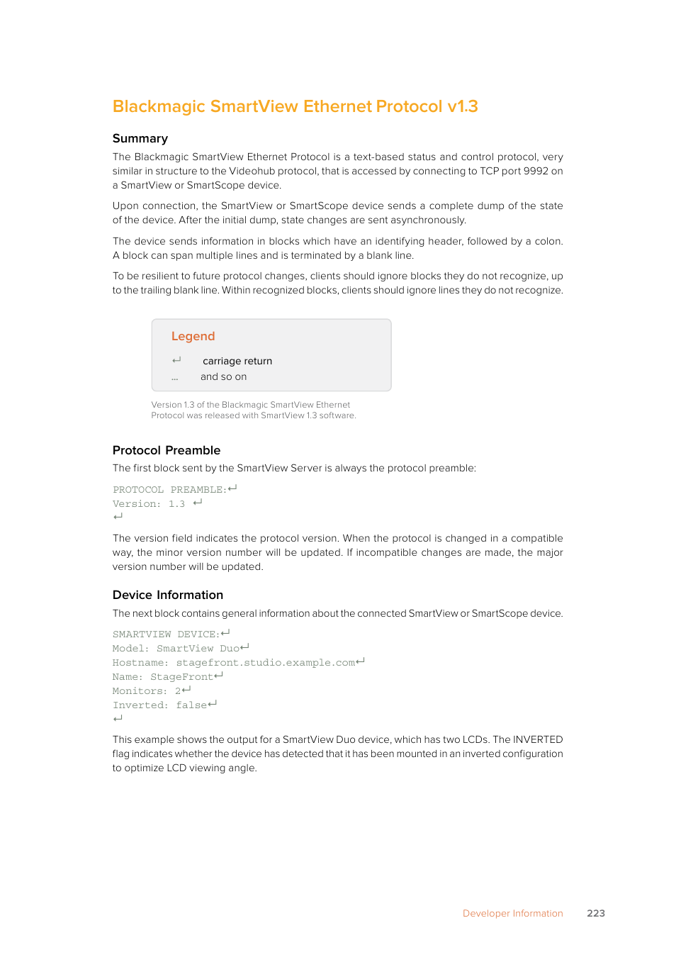 Blackmagic smartview ethernet protocol v1.3, Blackmagic, Smartview | Ethernet, Protocol, Blackmagic smartview ethernet, Protocol v1 | Blackmagic Design SmartView 4K 2 15.6" DCI 4K Broadcast Monitor (6 RU) User Manual | Page 223 / 419