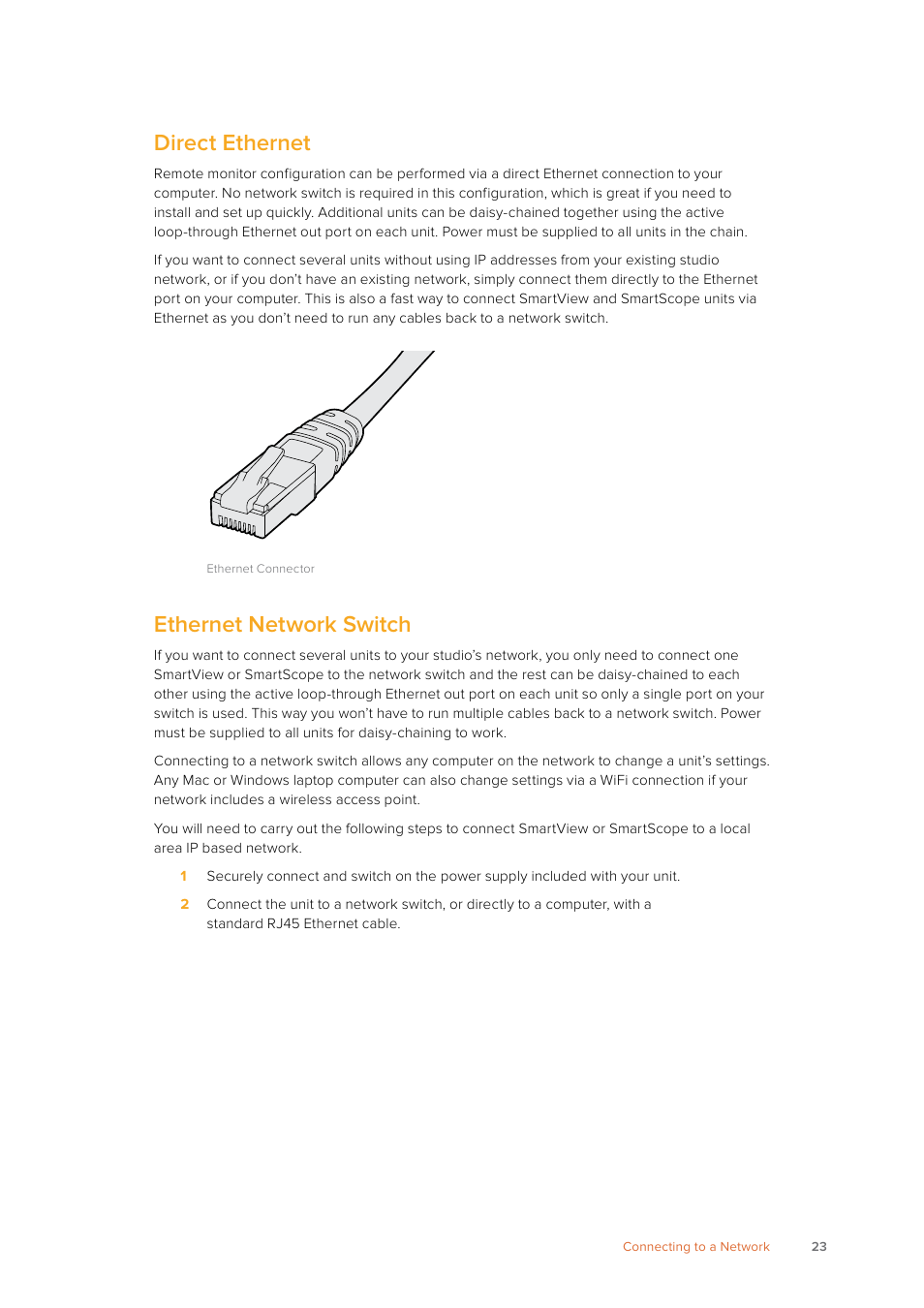 Direct ethernet, Ethernet network switch | Blackmagic Design SmartView 4K 2 15.6" DCI 4K Broadcast Monitor (6 RU) User Manual | Page 23 / 419