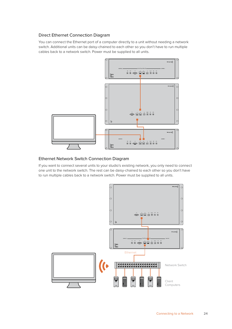 Direct ethernet connection diagram, Ethernet network switch connection diagram | Blackmagic Design SmartView 4K 2 15.6" DCI 4K Broadcast Monitor (6 RU) User Manual | Page 24 / 419