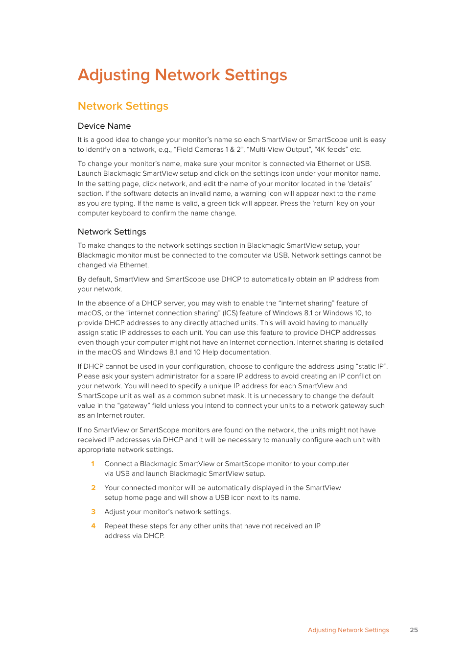 Adjusting network settings, Network settings | Blackmagic Design SmartView 4K 2 15.6" DCI 4K Broadcast Monitor (6 RU) User Manual | Page 25 / 419