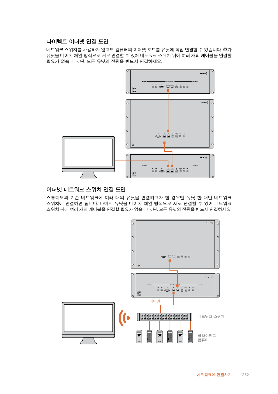 다이렉트 이더넷 연결 도면, 이더넷 네트워크 스위치 연결 도면 | Blackmagic Design SmartView 4K 2 15.6" DCI 4K Broadcast Monitor (6 RU) User Manual | Page 252 / 419