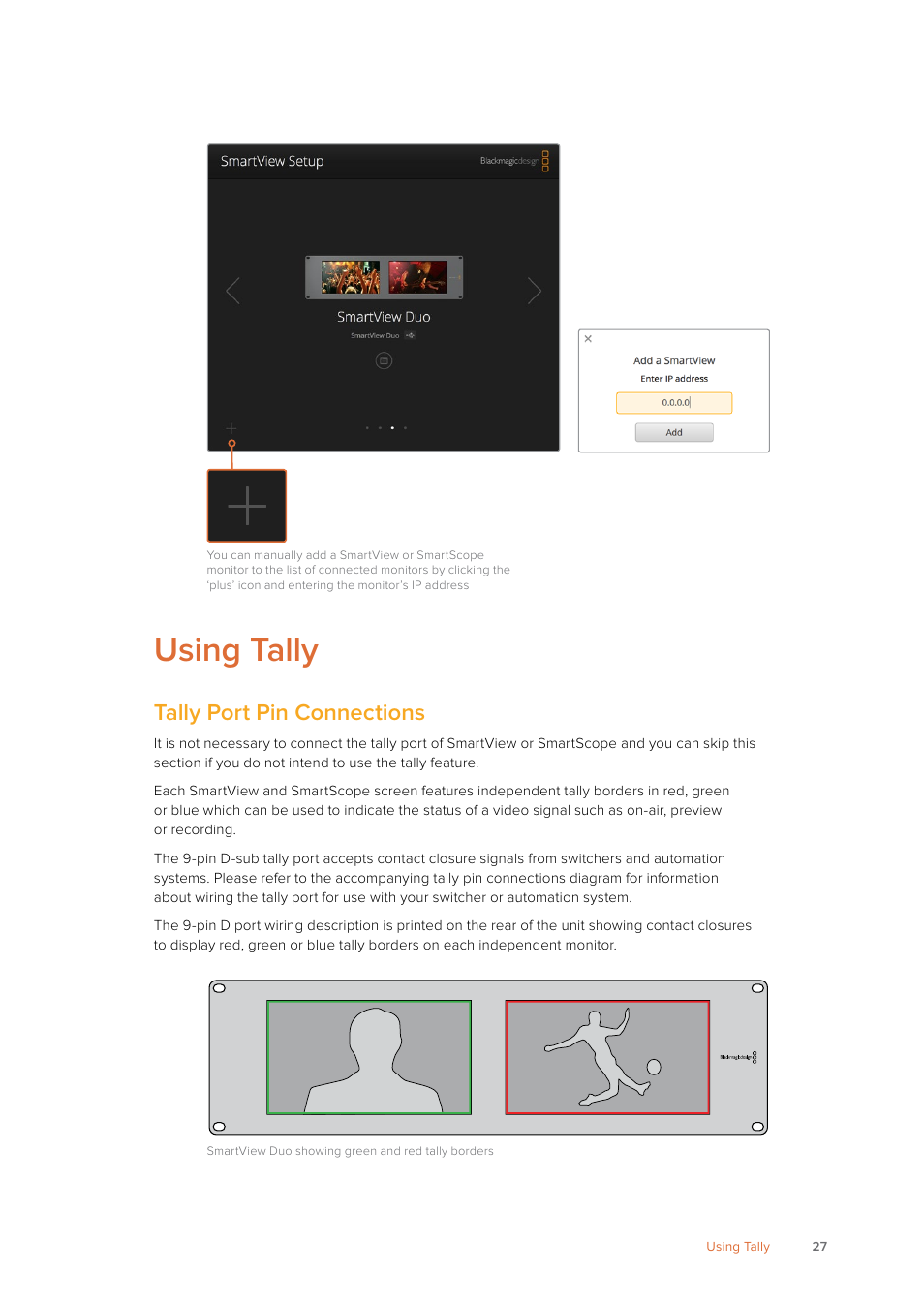 Using tally, Tally port pin connections | Blackmagic Design SmartView 4K 2 15.6" DCI 4K Broadcast Monitor (6 RU) User Manual | Page 27 / 419