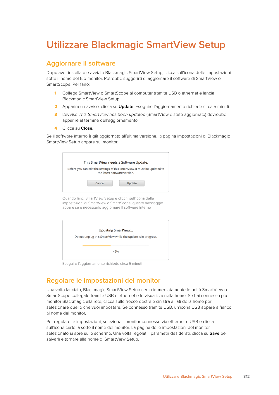 Utilizzare blackmagic smartview setup, Aggiornare il software, Regolare le impostazioni del monitor | Blackmagic Design SmartView 4K 2 15.6" DCI 4K Broadcast Monitor (6 RU) User Manual | Page 312 / 419