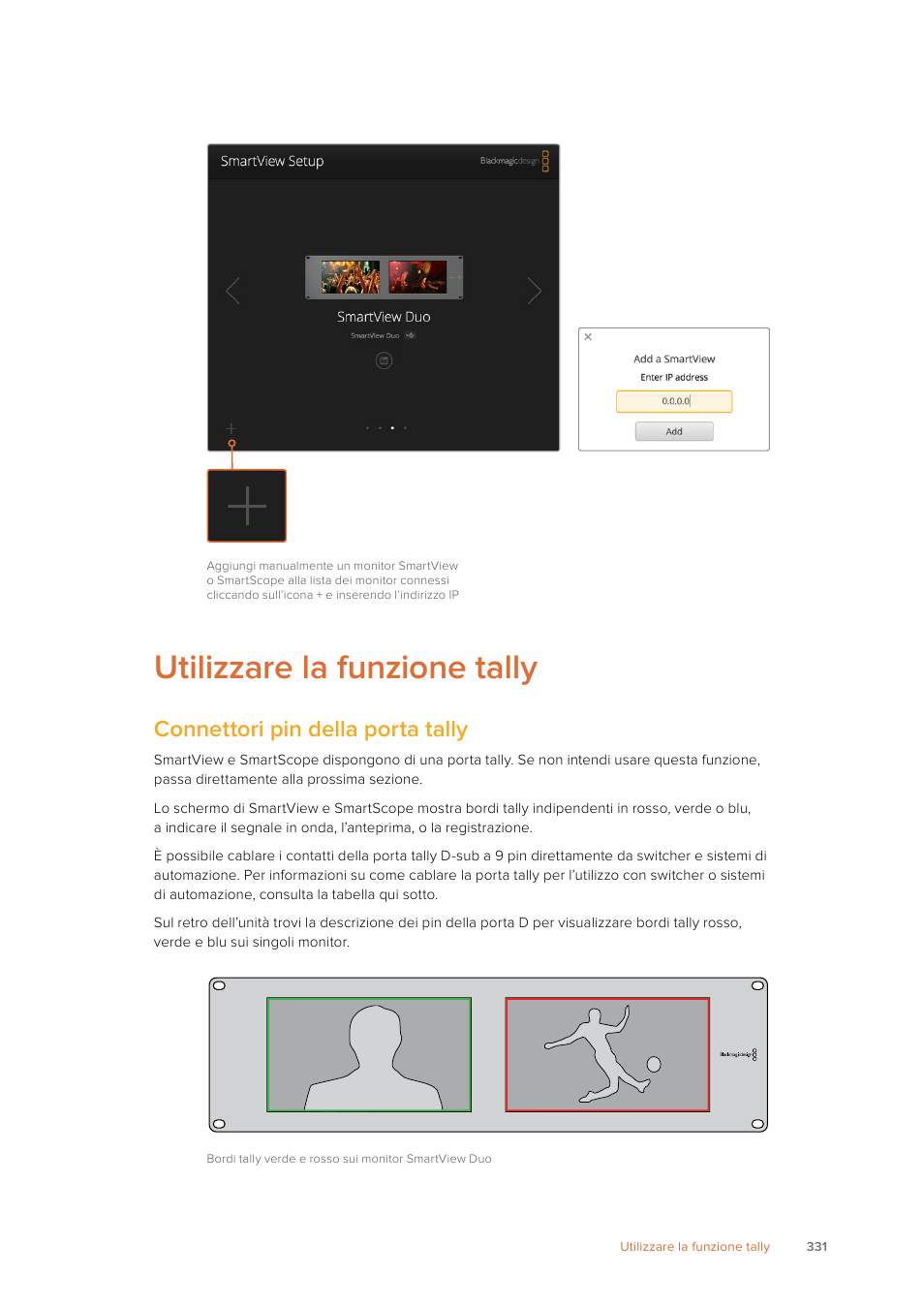 Utilizzare la funzione tally, Connettori pin della porta tally | Blackmagic Design SmartView 4K 2 15.6" DCI 4K Broadcast Monitor (6 RU) User Manual | Page 331 / 419