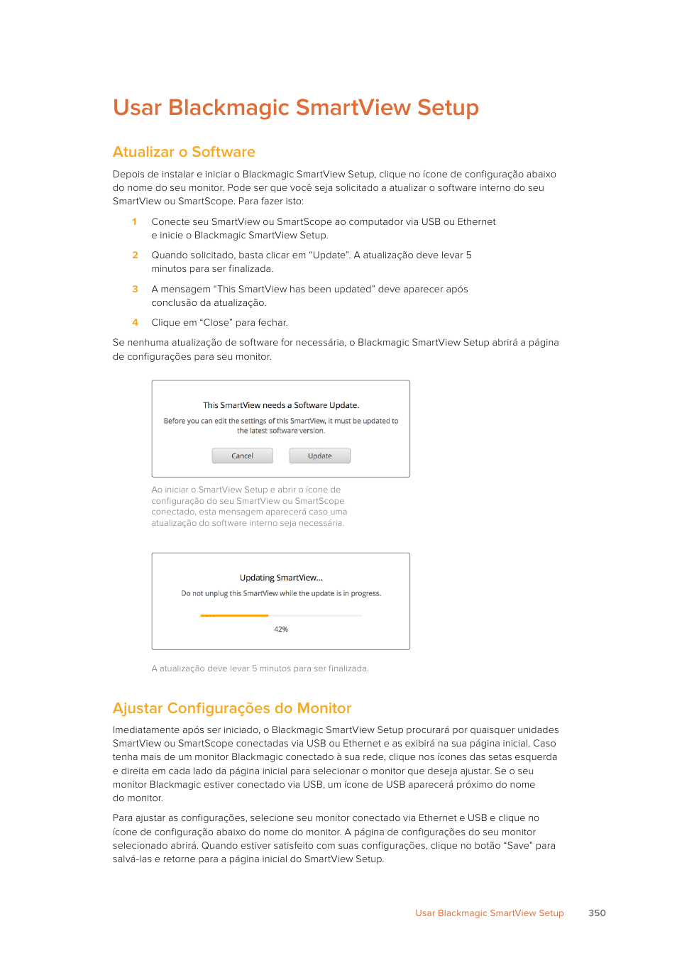 Usar blackmagic smartview setup, Atualizar o software, Ajustar configurações do monitor | Blackmagic Design SmartView 4K 2 15.6" DCI 4K Broadcast Monitor (6 RU) User Manual | Page 350 / 419