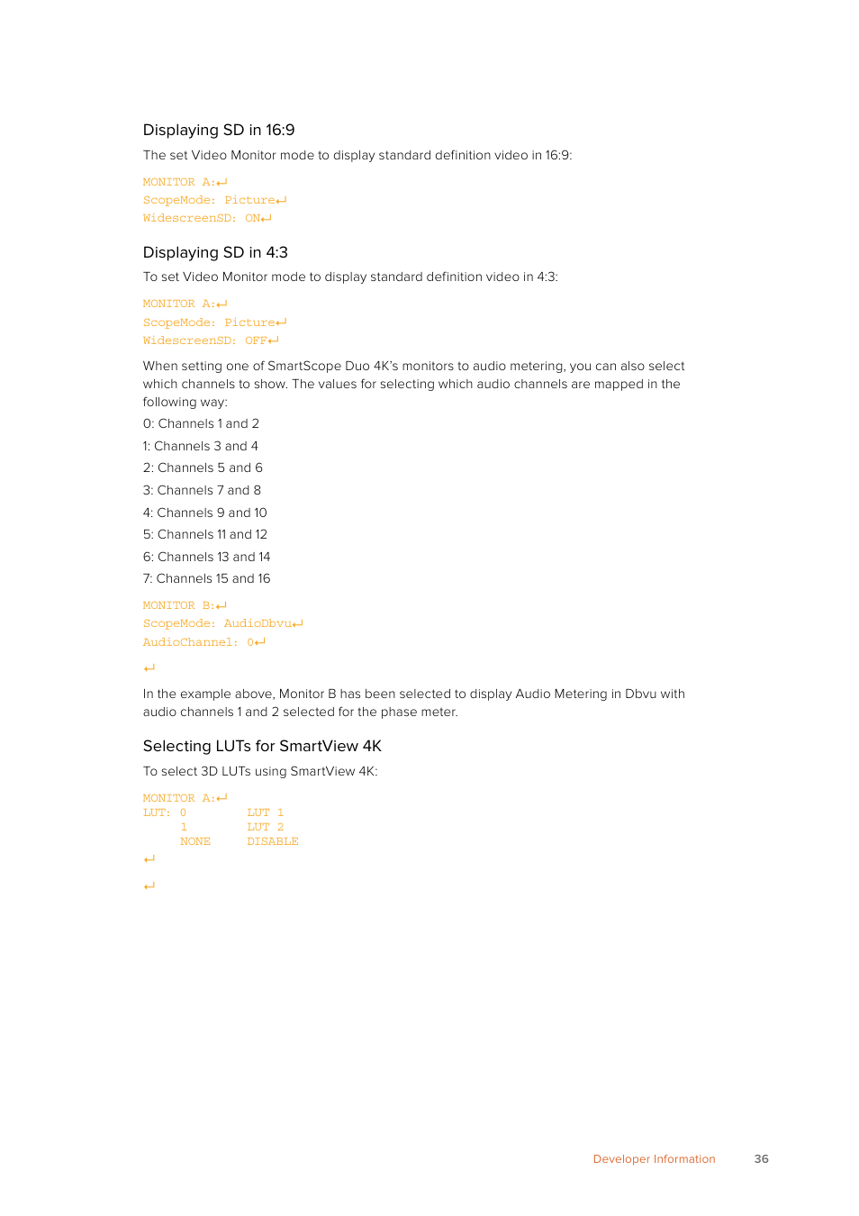 Displaying sd in 16:9, Displaying sd in 4:3, Selecting luts for smartview 4k | Blackmagic Design SmartView 4K 2 15.6" DCI 4K Broadcast Monitor (6 RU) User Manual | Page 36 / 419