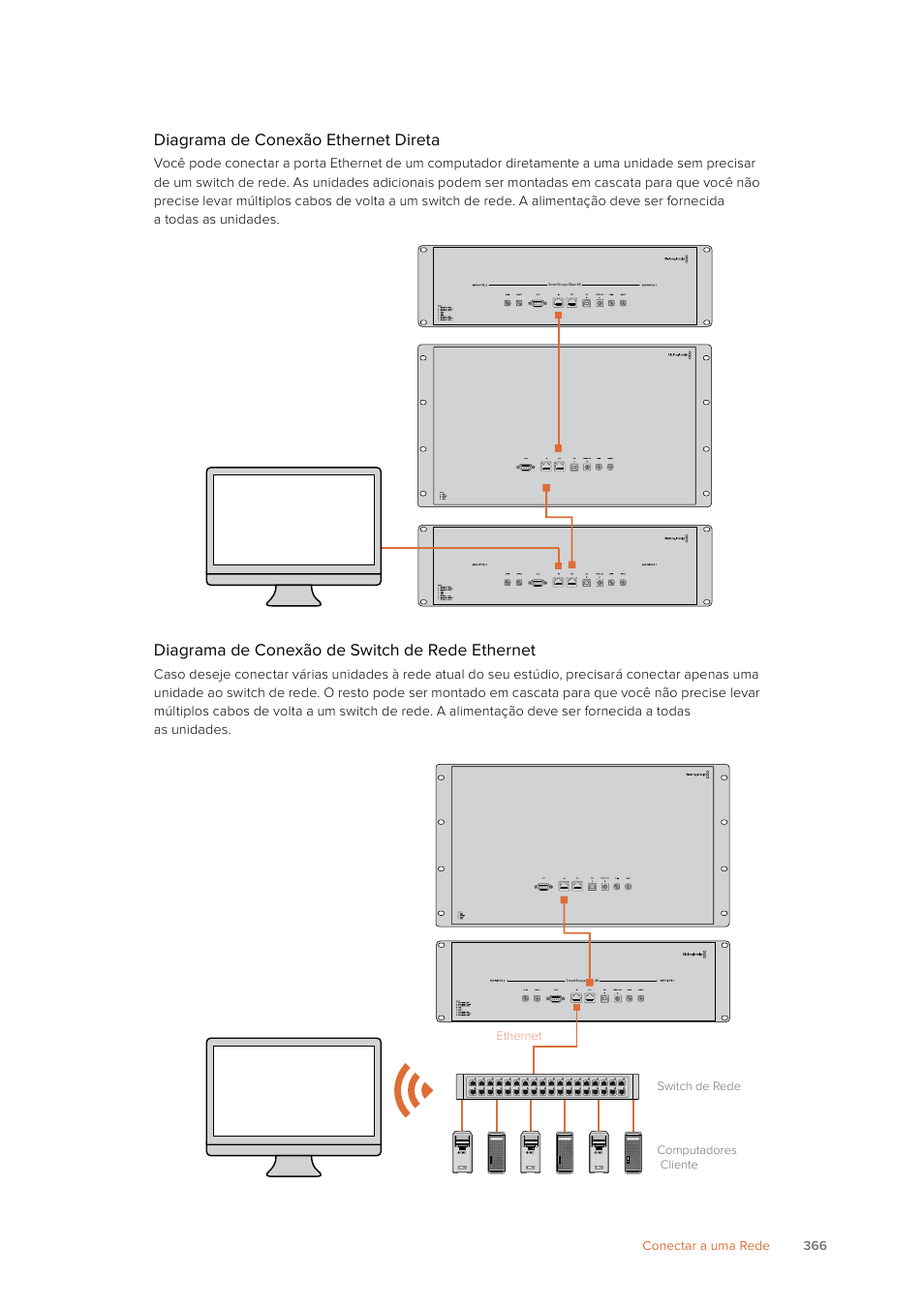 Diagrama de conexão ethernet direta, Diagrama de conexão de switch de rede ethernet, 366 conectar a uma rede | Blackmagic Design SmartView 4K 2 15.6" DCI 4K Broadcast Monitor (6 RU) User Manual | Page 366 / 419