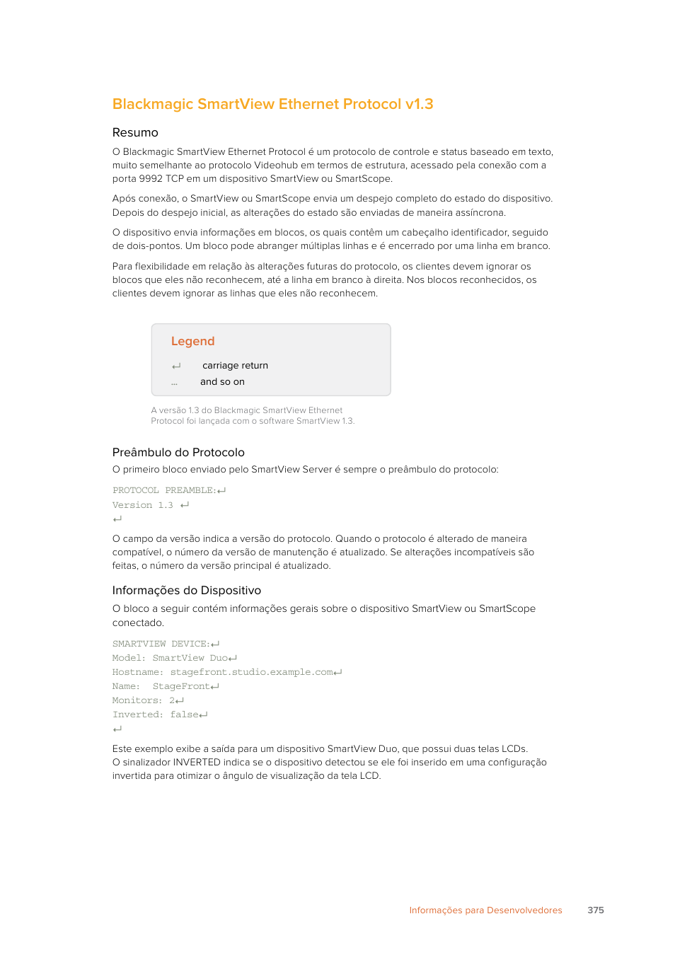 Blackmagic smartview ethernet protocol v1.3, Resumo, Legend | Blackmagic Design SmartView 4K 2 15.6" DCI 4K Broadcast Monitor (6 RU) User Manual | Page 375 / 419
