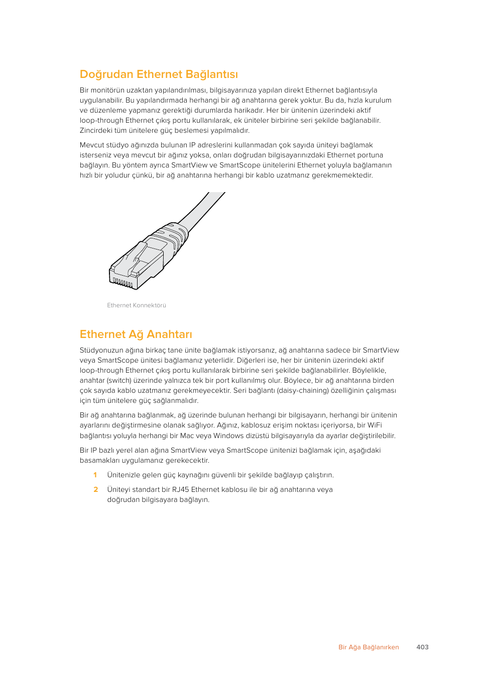 Doğrudan ethernet bağlantısı, Ethernet ağ anahtarı | Blackmagic Design SmartView 4K 2 15.6" DCI 4K Broadcast Monitor (6 RU) User Manual | Page 403 / 419