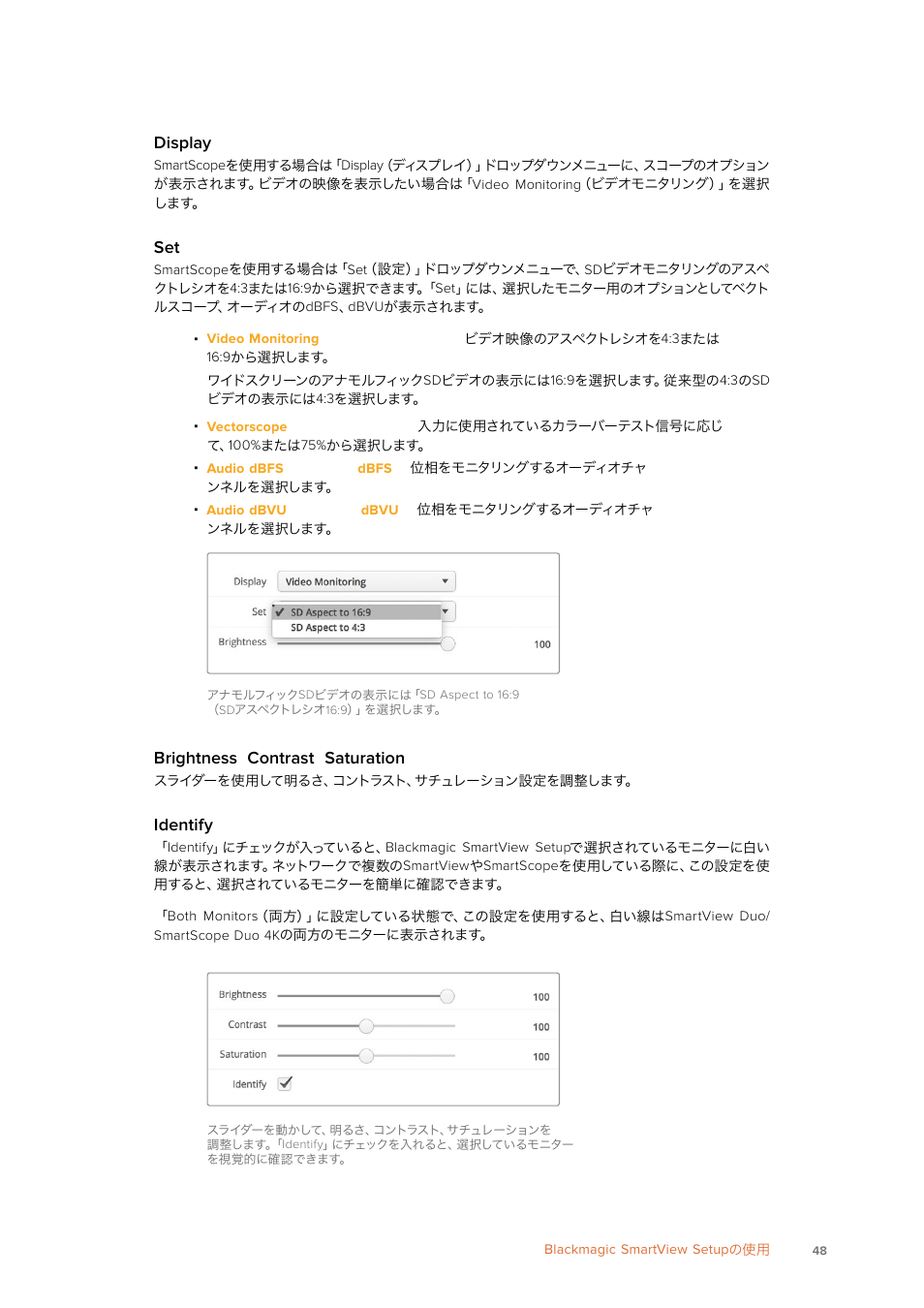 Display, Brightness contrast saturation, Identify | Blackmagic Design SmartView 4K 2 15.6" DCI 4K Broadcast Monitor (6 RU) User Manual | Page 48 / 419