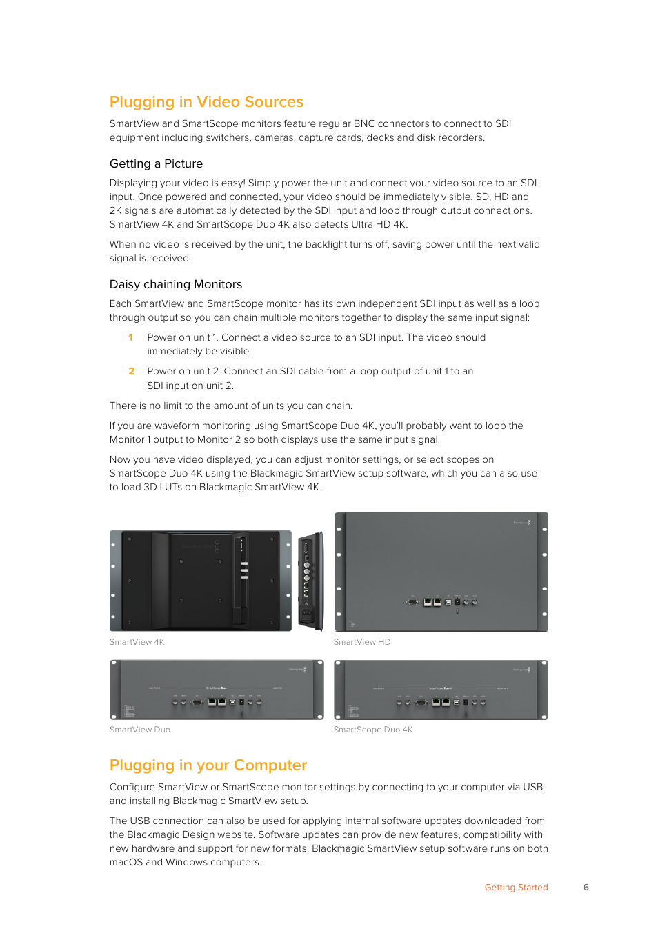 Plugging in video sources, Plugging in your computer | Blackmagic Design SmartView 4K 2 15.6" DCI 4K Broadcast Monitor (6 RU) User Manual | Page 6 / 419