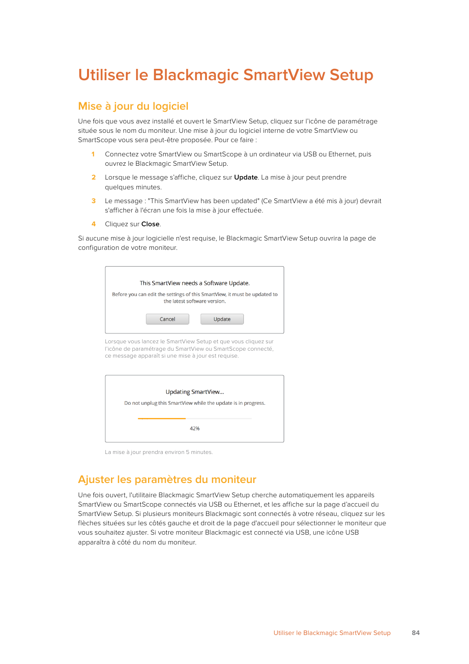 Utiliser le blackmagic smartview setup, Mise à jour du logiciel, Ajuster les paramètres du moniteur | Blackmagic Design SmartView 4K 2 15.6" DCI 4K Broadcast Monitor (6 RU) User Manual | Page 84 / 419