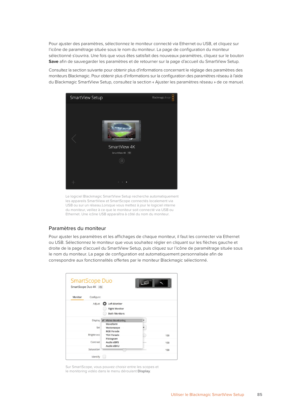 Paramètres du moniteur | Blackmagic Design SmartView 4K 2 15.6" DCI 4K Broadcast Monitor (6 RU) User Manual | Page 85 / 419