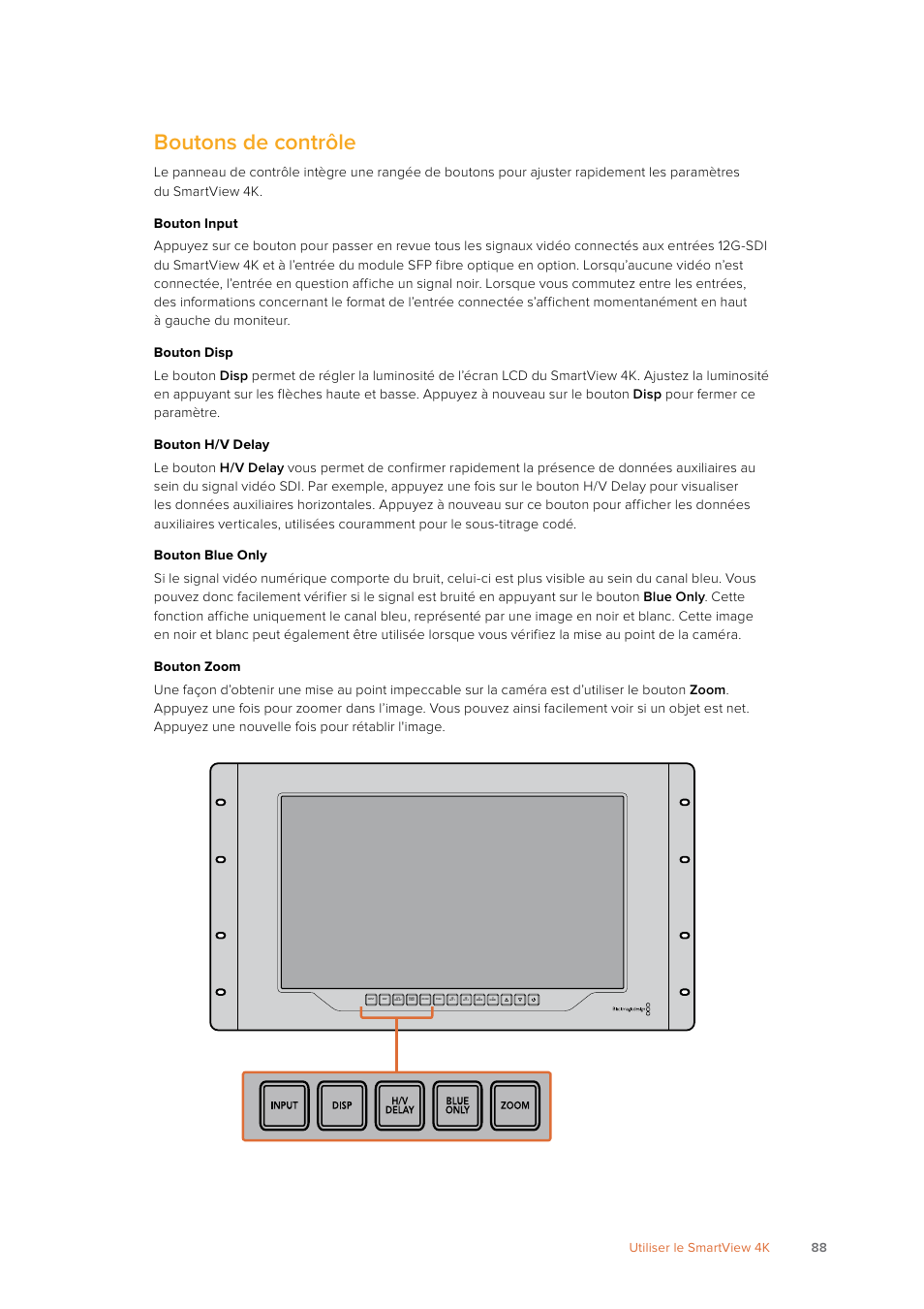 Boutons de contrôle | Blackmagic Design SmartView 4K 2 15.6" DCI 4K Broadcast Monitor (6 RU) User Manual | Page 88 / 419