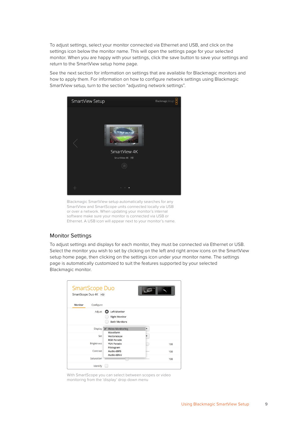 Monitor settings | Blackmagic Design SmartView 4K 2 15.6" DCI 4K Broadcast Monitor (6 RU) User Manual | Page 9 / 419