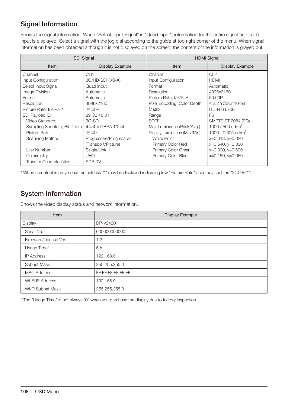 Signal information, System information, Signal information system information | Canon DP-V2421 4K Reference Display User Manual | Page 108 / 147