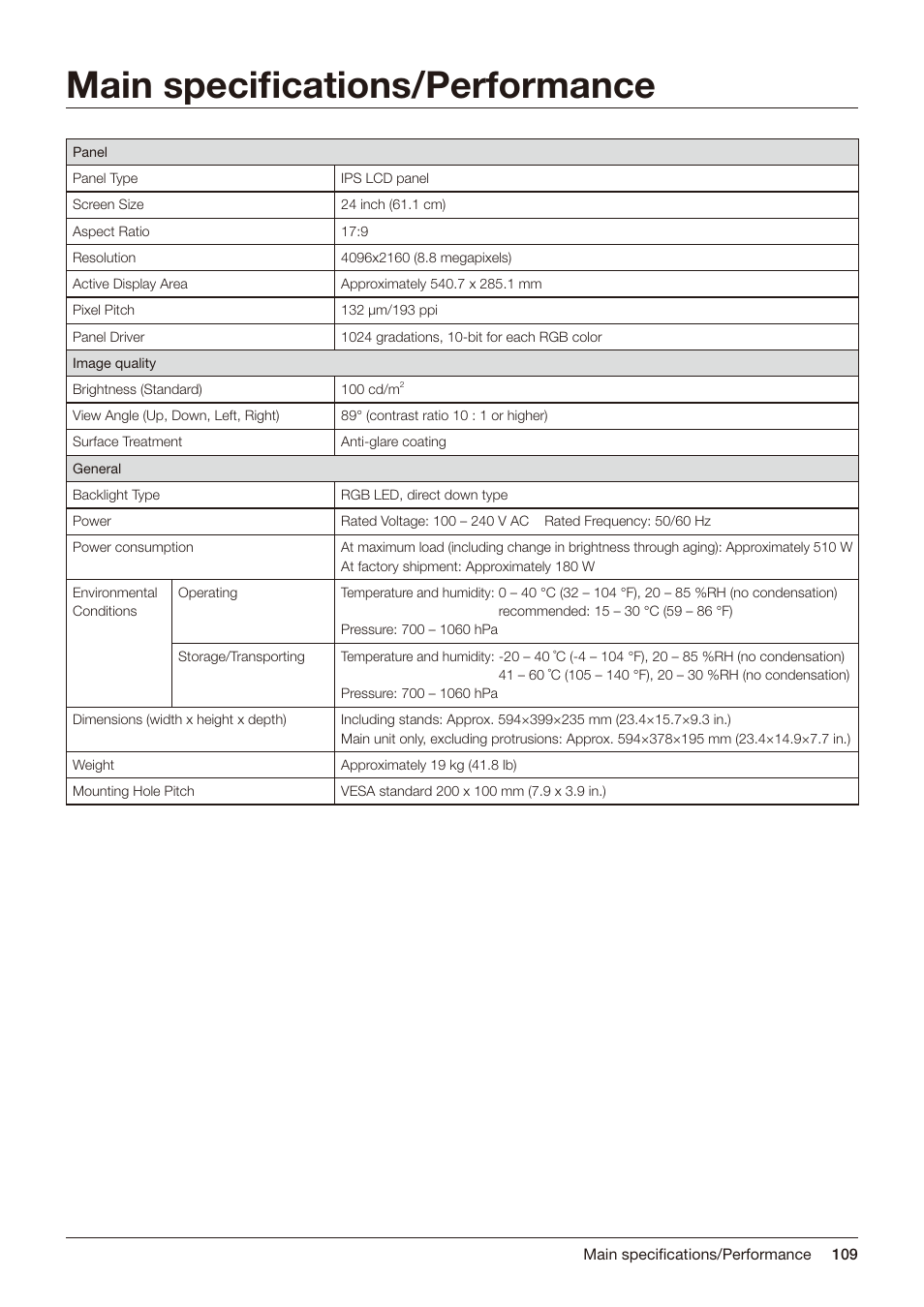 Main specifications/performance | Canon DP-V2421 4K Reference Display User Manual | Page 109 / 147