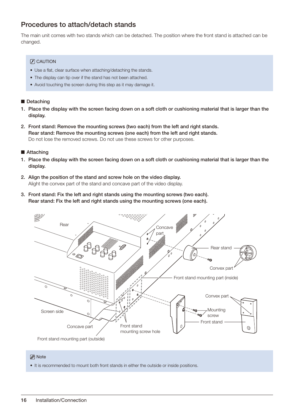 Procedures to attach/detach stands | Canon DP-V2421 4K Reference Display User Manual | Page 16 / 147