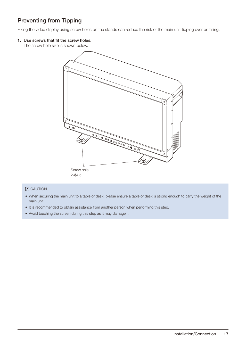 Preventing from tipping | Canon DP-V2421 4K Reference Display User Manual | Page 17 / 147