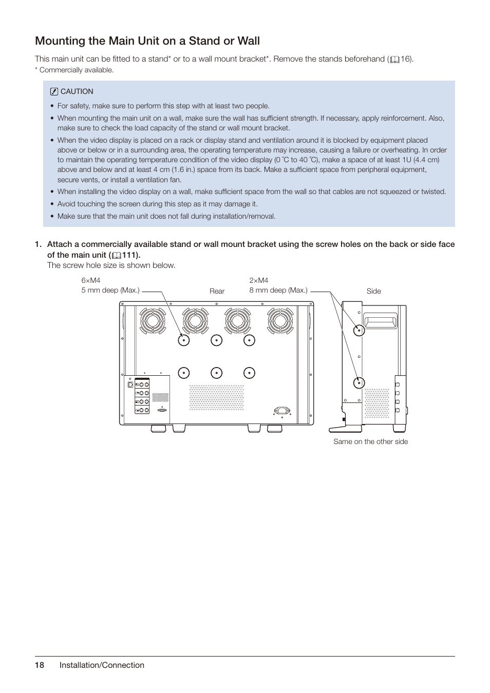 Mounting the main unit on a stand or wall | Canon DP-V2421 4K Reference Display User Manual | Page 18 / 147