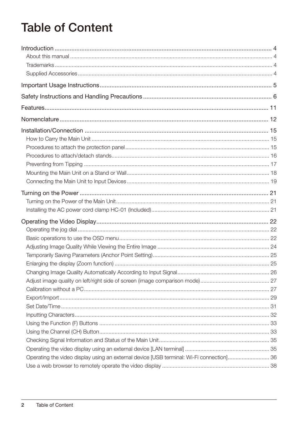 Table of content | Canon DP-V2421 4K Reference Display User Manual | Page 2 / 147