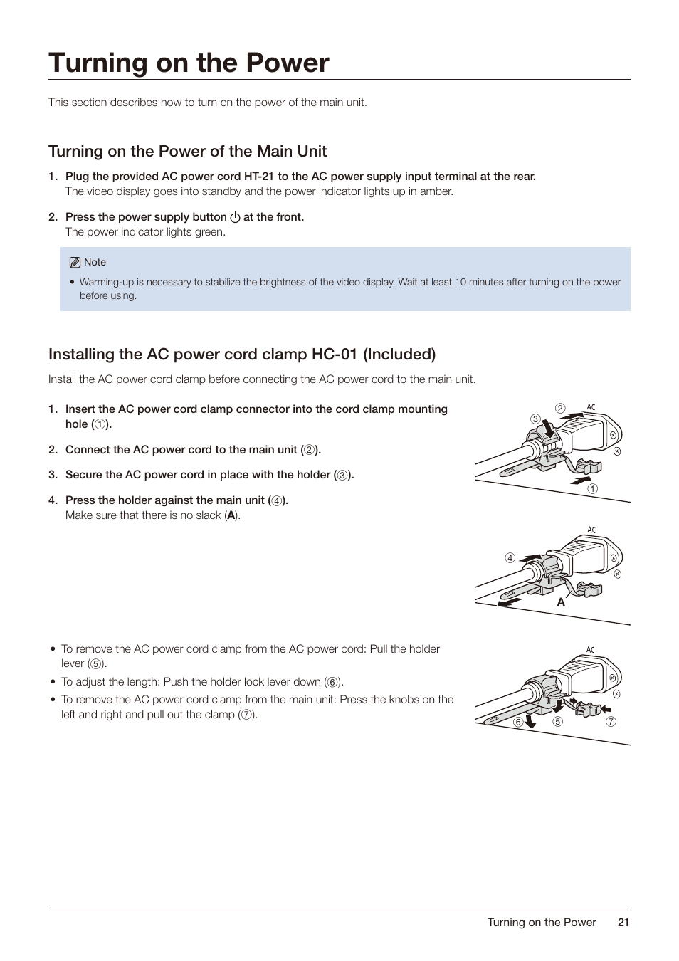 Turning on the power, Turning on the power of the main unit | Canon DP-V2421 4K Reference Display User Manual | Page 21 / 147