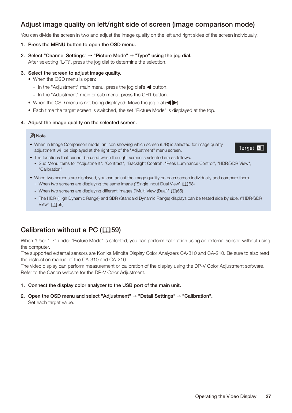 Calibration without a pc, Calibration without a pc ( 59) | Canon DP-V2421 4K Reference Display User Manual | Page 27 / 147