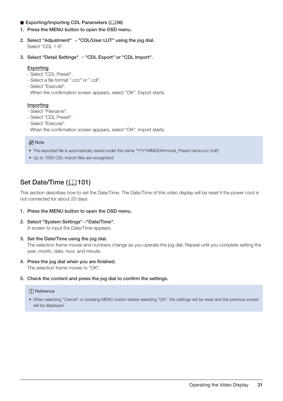 Set date/time, Set date/time ( 101) | Canon DP-V2421 4K Reference Display User Manual | Page 31 / 147