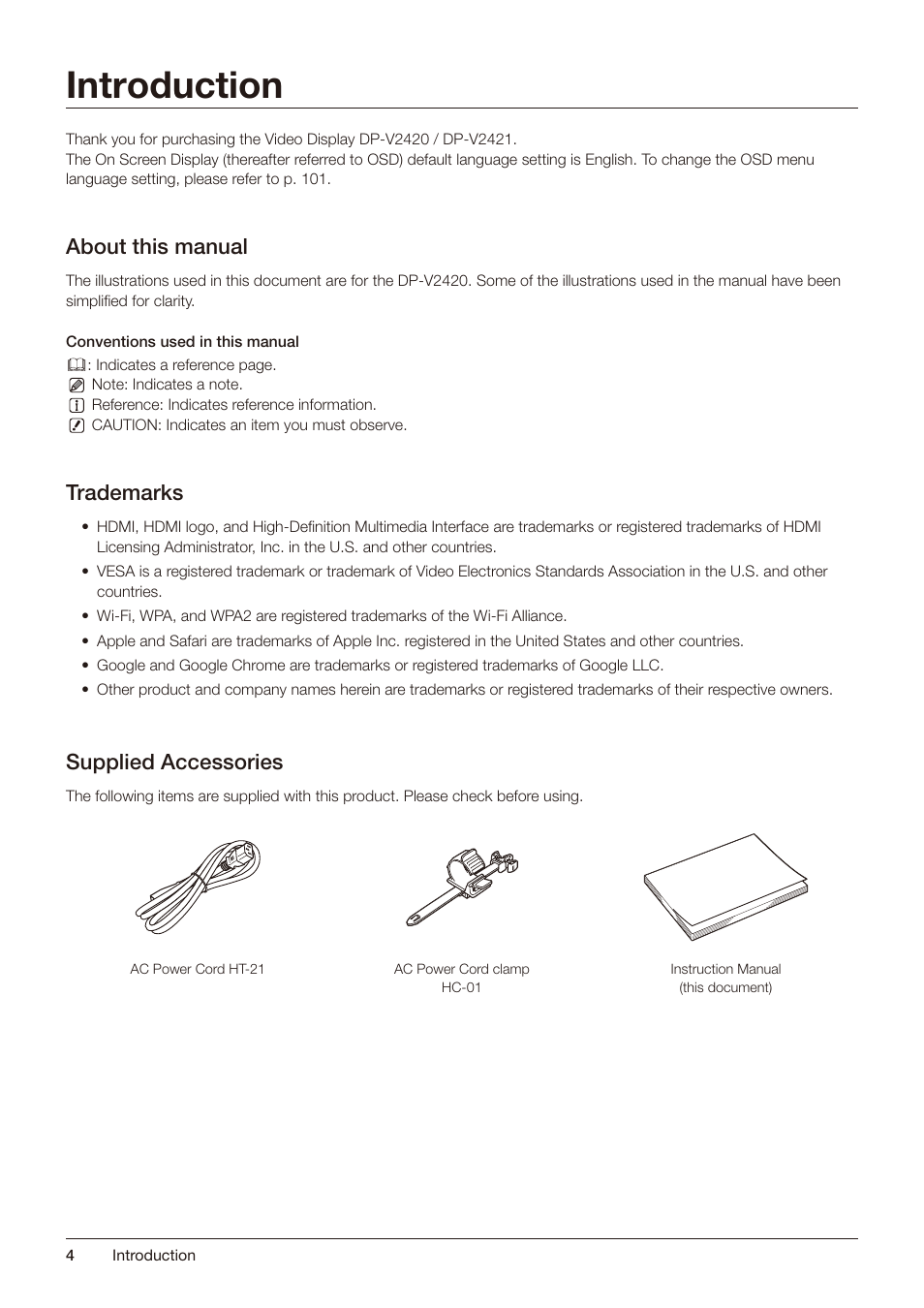 Introduction, About this manual, Trademarks | Supplied accessories | Canon DP-V2421 4K Reference Display User Manual | Page 4 / 147