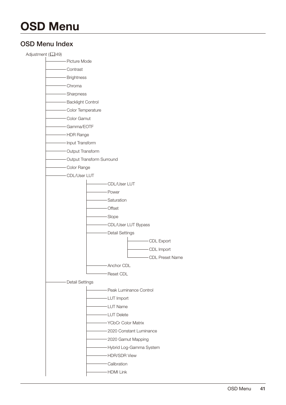 Osd menu, Osd menu index | Canon DP-V2421 4K Reference Display User Manual | Page 41 / 147