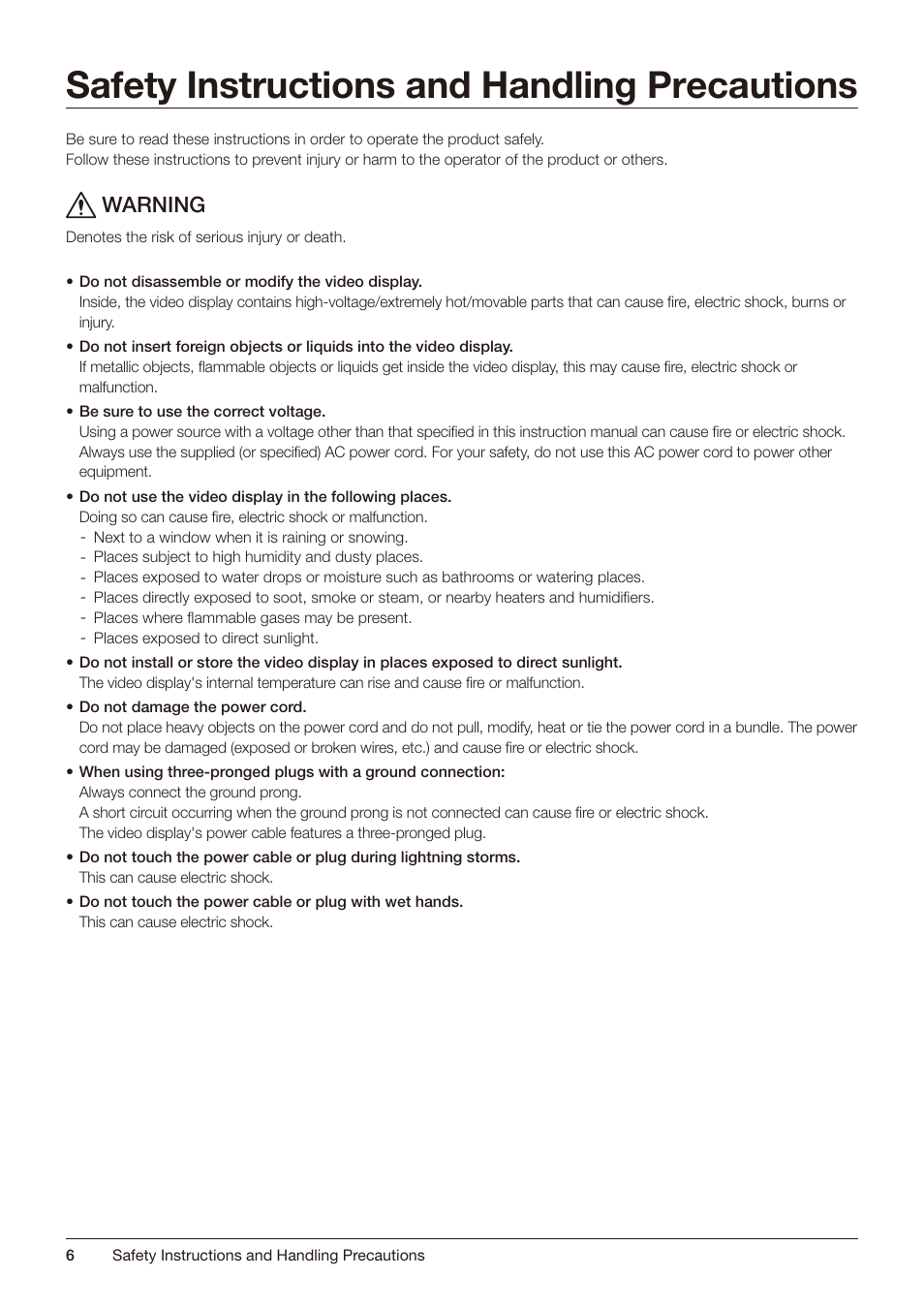 Safety instructions and handling precautions, Warning | Canon DP-V2421 4K Reference Display User Manual | Page 6 / 147