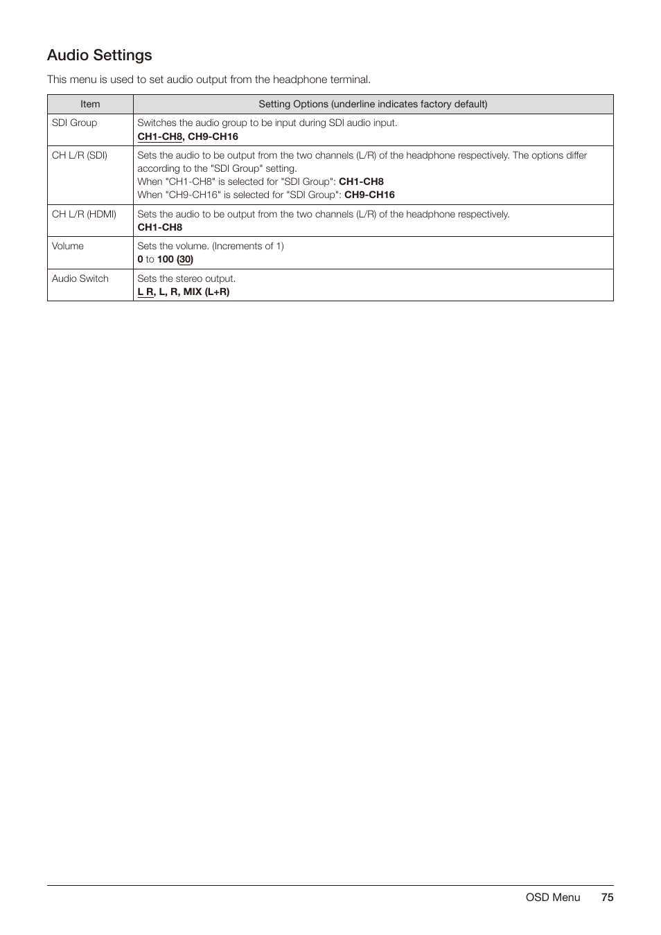 Audio settings | Canon DP-V2421 4K Reference Display User Manual | Page 75 / 147