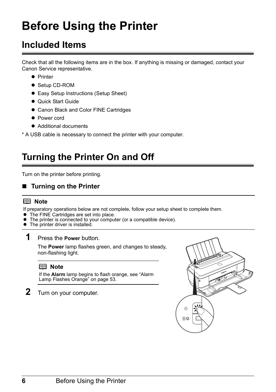 Before using the printer, Included items, Turning the printer on and off | Included items turning the printer on and off | Canon PIXMA iP2600 User Manual | Page 10 / 72