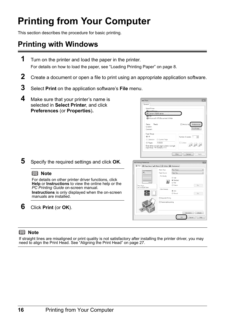 Printing from your computer, Printing with windows, Printing with windows 1 | Canon PIXMA iP2600 User Manual | Page 20 / 72